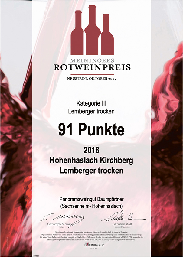 Auszeichnung Meiningersrotweipreis 2018 Lemberger